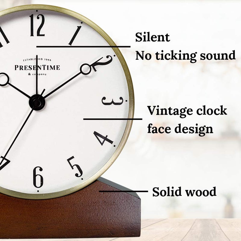 Presentime & Co Mozart Mantel Alarm Clock, Desk and Shelf Clock, Tabletop Decoration, 6 x 5.5 inch, Silent no Ticking, Wooden Base, Walnut Finish, Golden Color, Arabic Numeral - Image 3